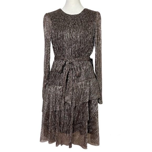EXPRESS Metallic Long Sleeve Tie Waist Tiered Ruffle Mini Dress NWT - Picture 1 of 17